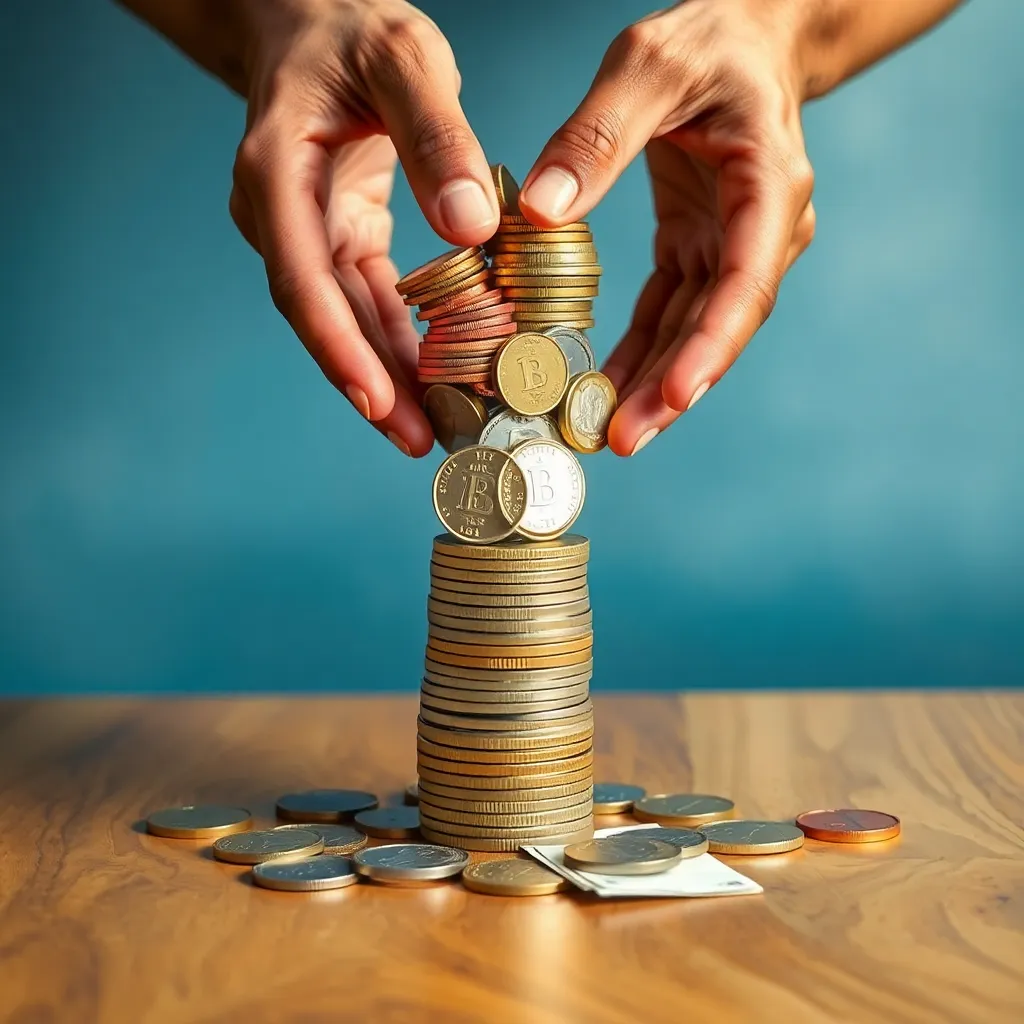 Manos sosteniendo monedas y billetes de diferentes monedas internacionales sobre una mesa de madera clara, representando servicios financieros